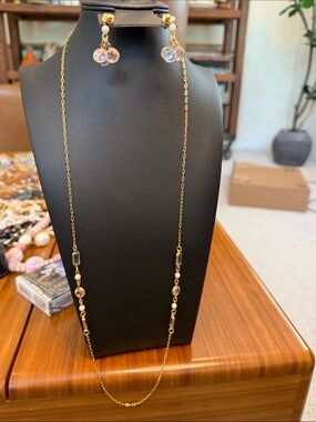 Gold-Tone Long Necklace and Drop Earrings with Iridescent Stones
